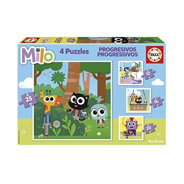 Educa - Lot de 4 Puzzles progressifs pour Enfants de 12 à 25 pièces : Milo. Taille : 16 x 16 cm. Recommandé à partir de 3 Ans