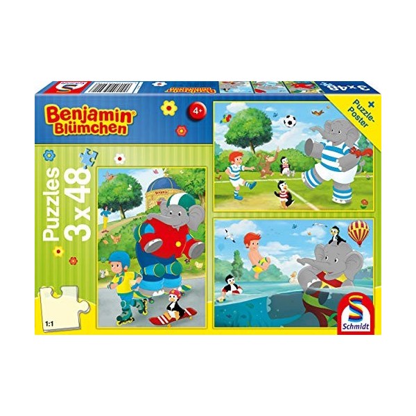 Schmidt Spiele Benjamin Blümchen, Sport et Jeu avec Töröööööööö, 3 x 48 pièces Puzzle pour Enfant, 56401, coloré, Petit