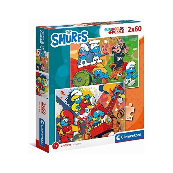 Clementoni- Puzzle Pitufos 2x60pzs Does Not Apply The Smurfs Supercolor Smurfs-2x60 Enfants 5 Ans-boîte de 2 60 pièces Dess