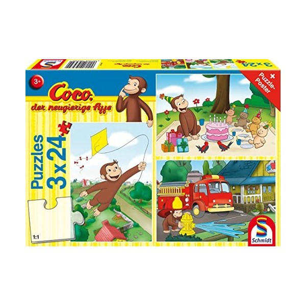 Schmidt Spiele 56432 Coco Le Singe Curieux, Amusant, 3 x 24 pièces Puzzle pour Enfant, coloré