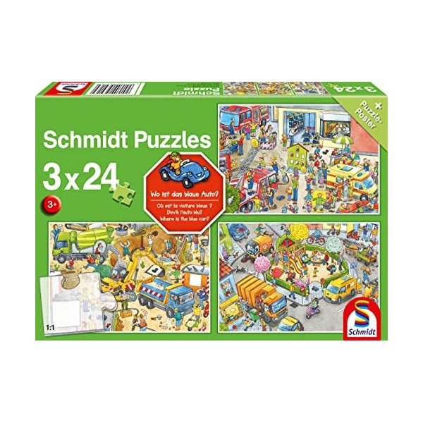 Schmidt Spiele 56416 Où est la Voiture Bleue-3 x 24 pièces Puzzle pour Enfant, coloré