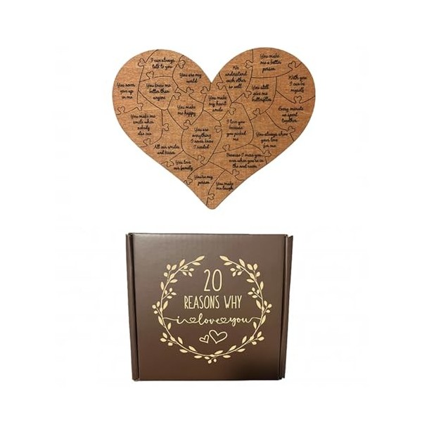 Puzzle 20 Reasons Why I Love You - Cadeau de Saint-Valentin - Cœurs en bois dans la boîte - Cadeau romantique pour mari, épou