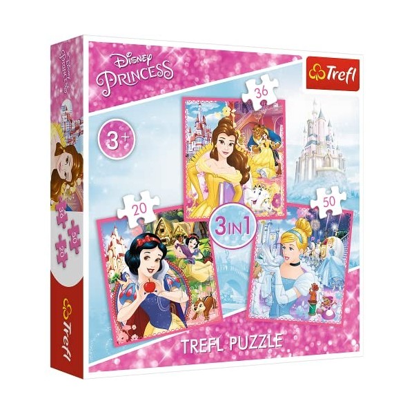 Trefl-de 20 à 50 Pièces 3 Sets pour Enfants à partir de 3 Ans Puzzle, 34833, Le Monde Enchanté des Princesses Princesse Disne