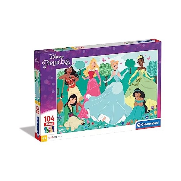 Clementoni- Puzzle Maxi Princesas Disney 104pzs Does Not Apply Princess Supercolor Princess-104 pièces, 4 Ans Enfant Dessin a