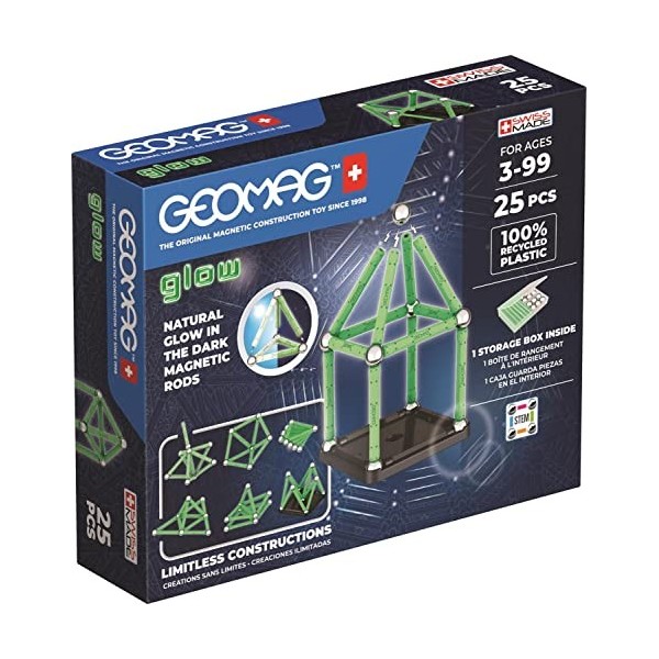 Geomag, Glow Recycled, Constructions Magnétiques Phosphorescentes, Barrettes Magnétiques Phosphorescentes, Pack de 25 Pièces,