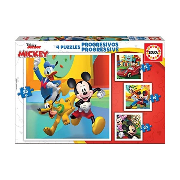 Educa - Progressive Mickey & Friends, 4 Puzzles en Carton progressif avec 12-16-20-25 pièces chacune, Mesure approximative de