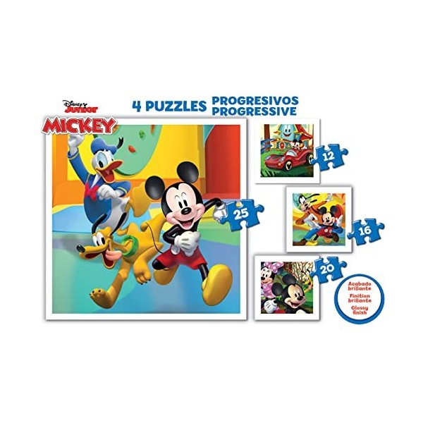 Educa - Progressive Mickey & Friends, 4 Puzzles en Carton progressif avec 12-16-20-25 pièces chacune, Mesure approximative de