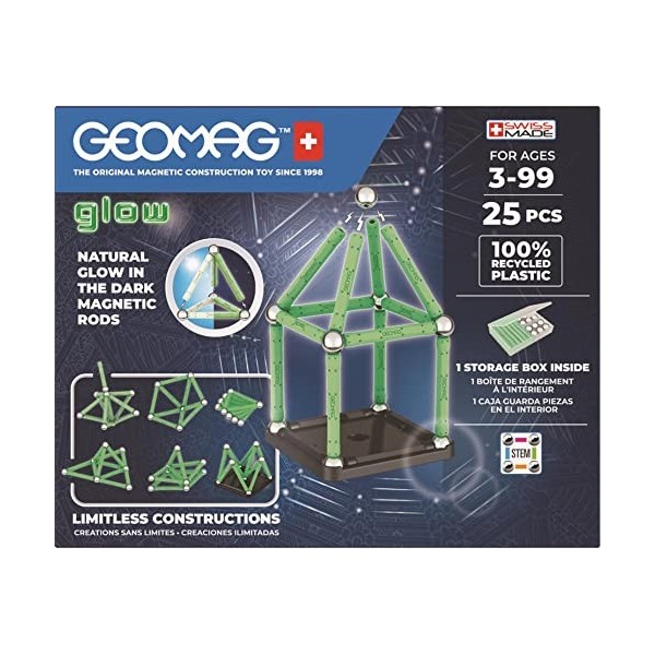 Geomag, Glow Recycled, Constructions Magnétiques Phosphorescentes, Barrettes Magnétiques Phosphorescentes, Pack de 25 Pièces,