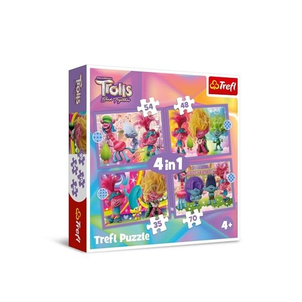 Trefl – Trolls Band Together, Aventures de Trolles Colorés – Puzzle 4en1, de 35 à 70 pièces – Puzzles Colorés avec des Person