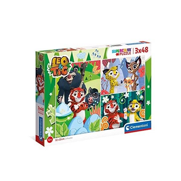 Clementoni- Leo &Tig Supercolor Tig-3x48 boîte de 3 48 pièces , Puzzle Dessin animé-fabriqué en Italie, Enfants 4 Ans et Plu