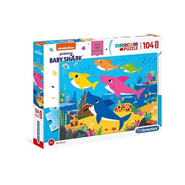 Clementoni Supercolor Pinkfong Baby Shark Shark-104 Maxi pièces-Puzzle Enfant-fabriqué en Italie, 4 Ans et Plus, 23751, Multi