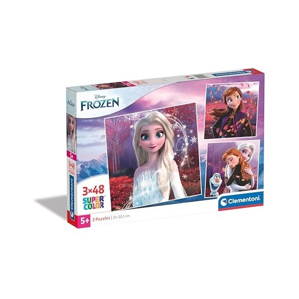 Clementoni- Disney Frozen Supercolor Reine des Neiges-3x48 Enfants 5 Ans, Boîte De 3 48 Pièces , Puzzle Dessin Animé-Fabriqu