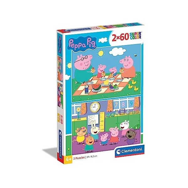 Clementoni- Puzzle Peppa Pig 2x60pzs Does Not Apply Supercolor Pig-2x60 Enfants 5 Ans-boîte de 2 60 pièces Dessin animé-fab