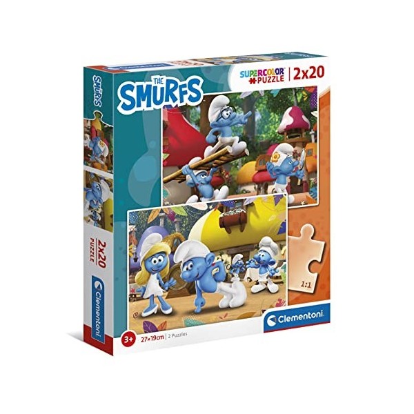 Clementoni- Puzzle Pitufos 2x20pzs Does Not Apply The Smurfs Supercolor Smurfs-2x20 Enfants 3 Ans-boîte de 2 20 pièces , Des