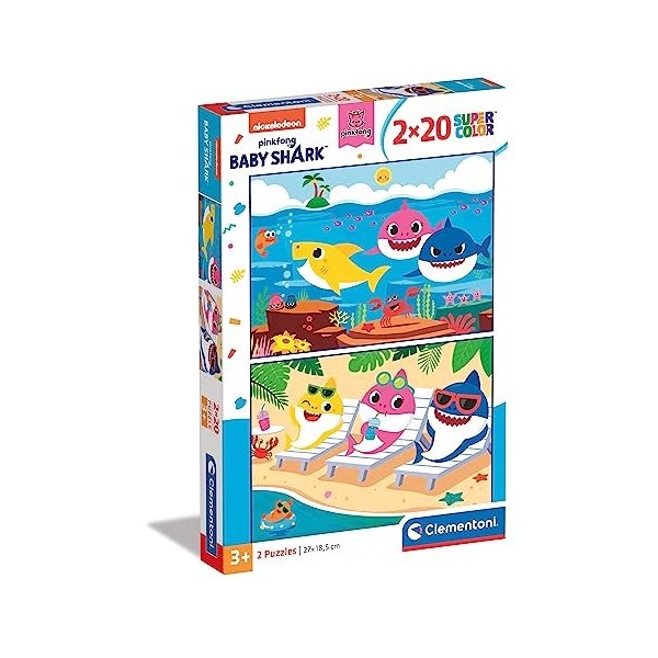 Clementoni Supercolor Pinkfong Baby Shark Italy Shark-2x20 Enfant-boîte de 2 Puzzles 20 pièces -fabriqué en Italie, 3 Ans e