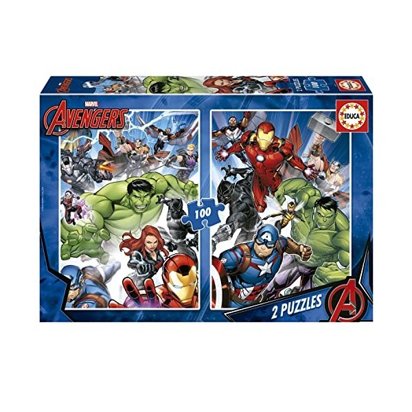 Educa - 2x100 Avengers | 2 Puzzles réglés avec 100 pièces. Mesure : 40 x 28 cm. Composé de Grandes pièces Parfaitement finies