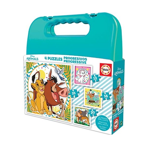 Educa - Valise Progressive Disney Animaux - 4 Puzzles progressistes de 12-16-20-25 pièces chacune - Mesure approximative du P