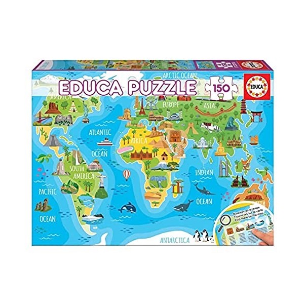 Educa - Mappemonde Monuments. Puzzle educatif pour Enfant avec 150 pièces. Recommandé à partir de 6 Ans 18116 