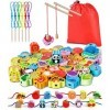 Jojoin - 2 en 1 Jouet Montessori de Pêche en Bois Magnétique | Fruit Légume Animal Perles en Bois 46 PCS - Jouets Puzzle J