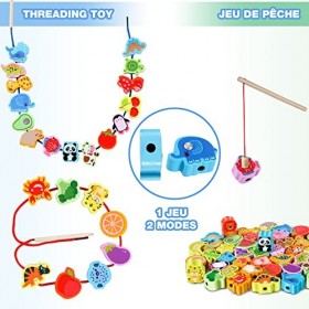 Jojoin - 2 en 1 Jouet Montessori de Pêche en Bois Magnétique | Fruit Légume Animal Perles en Bois 46 PCS - Jouets Puzzle J