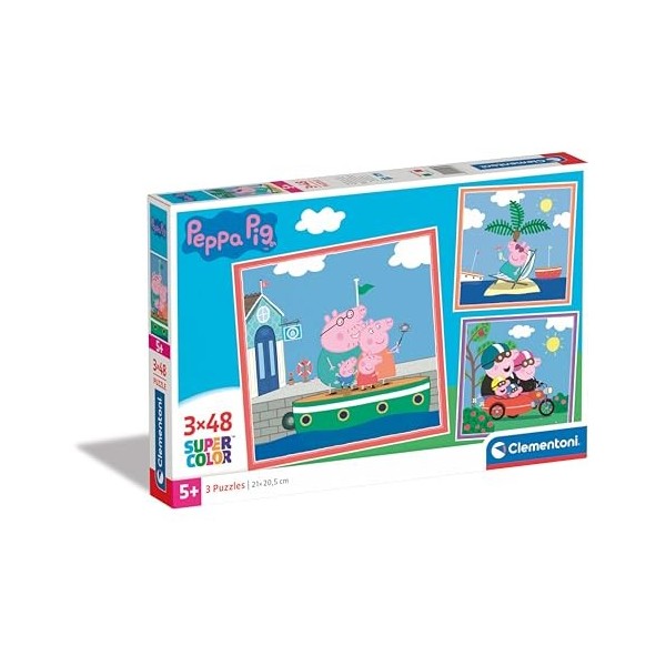 Clementoni- Peppa Pig Supercolor Pig-3x48 Enfants 5 Ans, Boîte De 3 48 Pièces , Puzzle Dessin Animé-Fabriqué en Italie, 2529