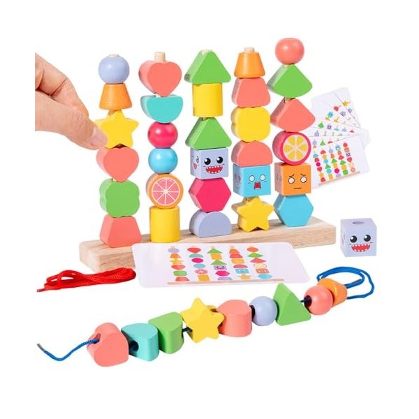 Goujfol Jouets éveil Montessori Bois, 2 en 1 Pédagogique Empilable Jouet Y Enfiler Jouet Jeux Dactivité et de Développement 