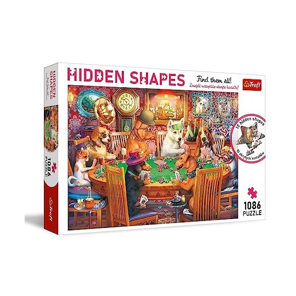 Trefl-Puzzle Hidden Shapes: Soirée de Jeux 1000 + 86 éléments-Trouvez Les Puzzles Formes cachées pour Les Amoureux des Chiens