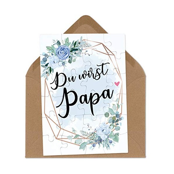 OWLBOOK Du wirst Papa Couronne de Fleurs Bleue Puzzle avec Enveloppe Lettre - Cadeaux pour la famille pour la naissance et la
