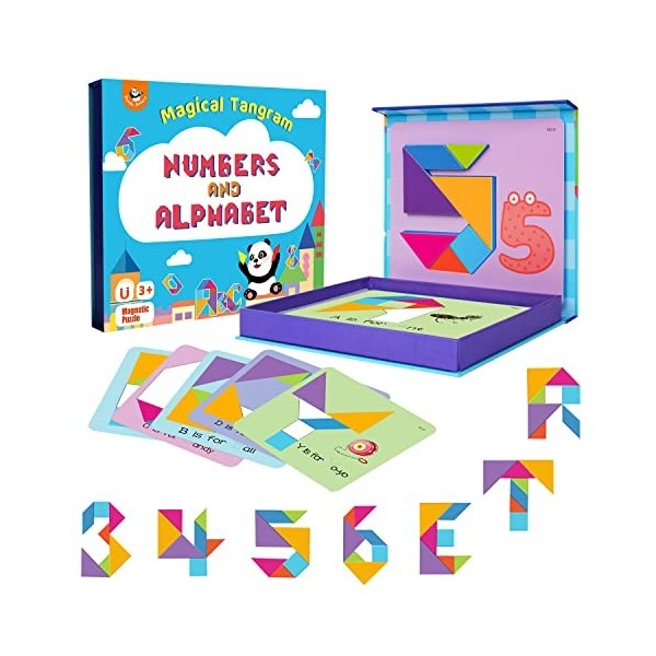 Tangram – Ensemble de Puzzles magnétiques pour Enfants de 3 à 8 Ans, Puzzle de Forme géométrique Classique avec 24 Cartes à M