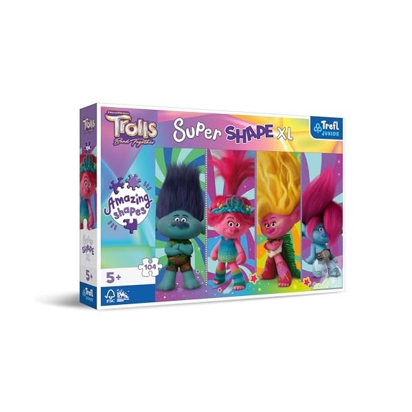 Trefl Junior–Trolls Band Together, Jeux avec Trolles–Puzzles 104 XXL Super Shape – Puzzles Colorés avec des Personnages de Ba