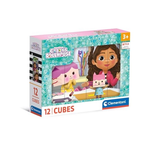 Clementoni Cubi – Gabbys Dollhouse – 12 pièces Enfants 3 Ans, Dessins animés, Puzzle cubiques, fabriqué en Italie, 41193, Mu