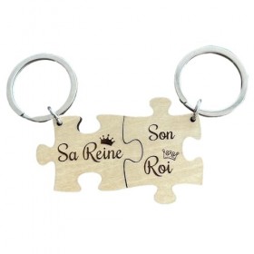 Porte clé puzzle bois Sa Reine Son roi, idée cadeau Saint Valentin couple Homme Femme amoureux