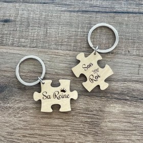 Porte clé puzzle bois Sa Reine Son roi, idée cadeau Saint Valentin couple Homme Femme amoureux
