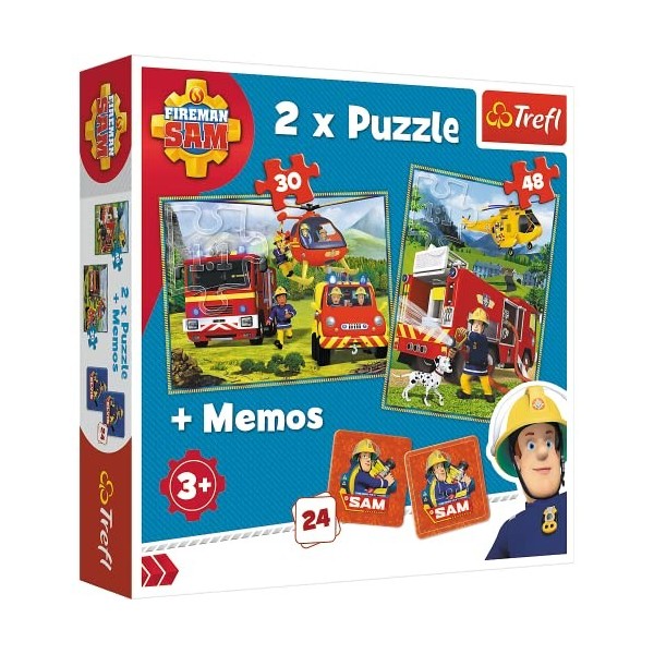 Trefl-90791 Fireman Sam, 2 x Puzzle + mémos, pour Enfants à partir de 3 Ans, TR90791, Pompiers en Action