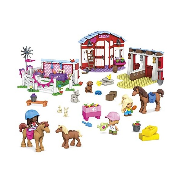 Barbie MEGA Barbie Coffret de Construction Les Écuries avec 3 mini-figurines Barbie et 9 animaux dont 2 chevaux, 286 blocs de