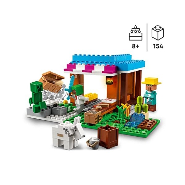 LEGO 21184 Minecraft La Boulangerie, Jouet de Village, Figurines de Creeper, Épée et Animal, Cadeau Anniversaire Garçons et F