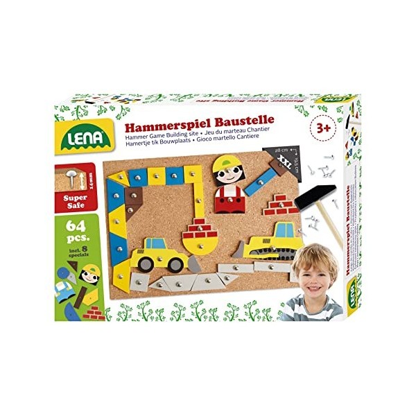 Lena-65828, Jeu 64 colorées et 8 pièces de Chantier, Plaque de Base en liège 28 x 19,5 cm, Marteau et Clous, pour Les Enfants