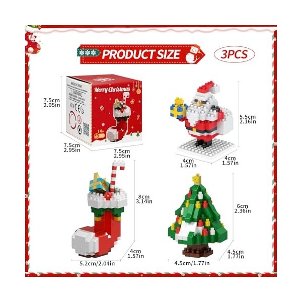 3 Pièces Jeux de Construction de Noël, 621 Pcs Jouets de Blocs de Construction de Noël, Sapin de Noël Chaussettes de Noël Pèr