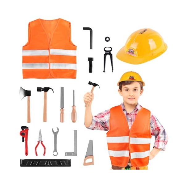 ACWOO Déguisement Ouvrier pour Enfant, Travailleur Construction Costume avec Outils Jouet, Costume douvrier du Bâtiment pour