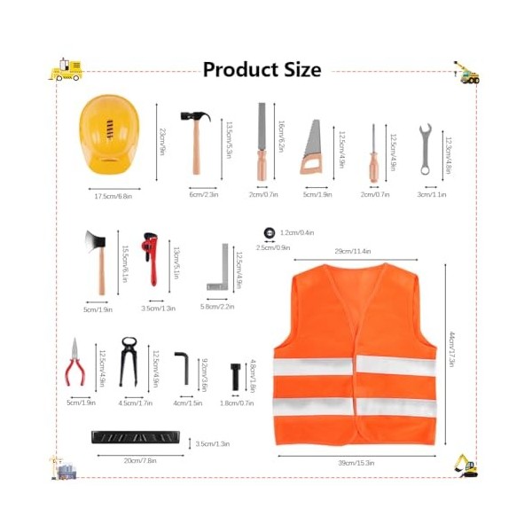 ACWOO Déguisement Ouvrier pour Enfant, Travailleur Construction Costume avec Outils Jouet, Costume douvrier du Bâtiment pour