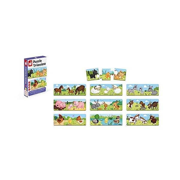 Janod - From 3 years old - Puzzle Trionimo - 10 Puzzles of 3 Pieces - 30 Pieces - Animals - Cardboard FSC - Memory and Associ
