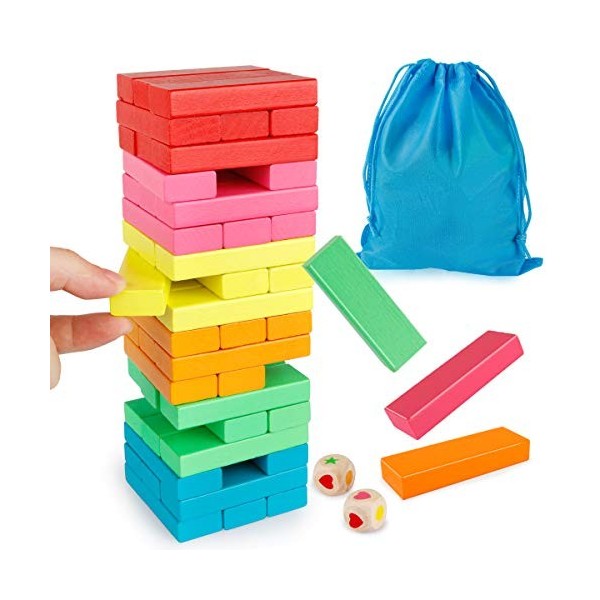 Coogam Blocs en Bois Jeu Dempilement avec Sac De Rangement, Coloré Équilibrage Puzzles Jouets dapprentissage Éducatif Tri F