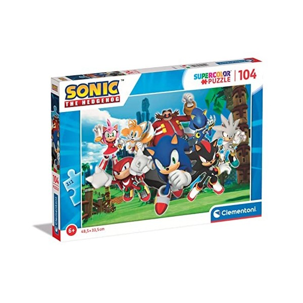 Clementoni- Sonic Supercolor Puzzle-Sonic-104 Pièces, Enfants 6 Ans, Puzzle Dessin Animé-Fabriqué en Italie, 27159, Multicolo