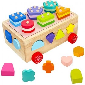 Afunti Empiler le bois Blocs de construction Moteur Compétences Cube Puzzles Jouets de Tri Bois Empiler Forme de Jeu Trier Cu