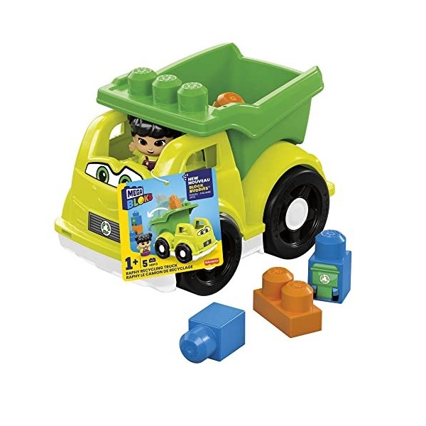 Mega Bloks First Builders Camion de recyclage de Raphy avec 1 personnage et 4 gros blocs, jouet de construction pour enfant d