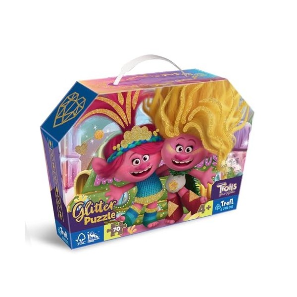 Trefl Junior–Trolls Band Together, Trolls Pailletés–Puzzle à Paillettes Glitter 70 Pièces, Puzzle Brillant pour Les Petits Fa