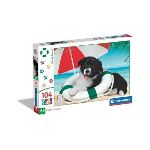 Clementoni- Supercolor Sunny Beach – 104 pièces Enfants 6 Ans, Puzzle Chien, Animaux, fabriqué en Italie, 25767, Multicolore