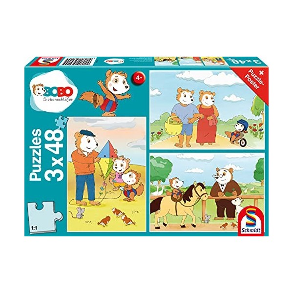 Schmidt Spiele- Bobo, partez à LAventure, Puzzle pour Enfants 3x48 pièces, 56415, Coloré