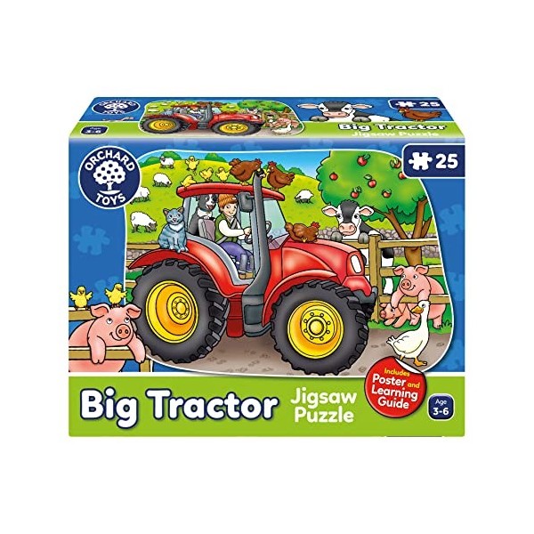 Orchard Toys Big Tractor Jigsaw Puzzle, 25-Piece Farm Themed Shaped Puzzle For Ages 3-6, Includes Poster, Perfect Party Gift