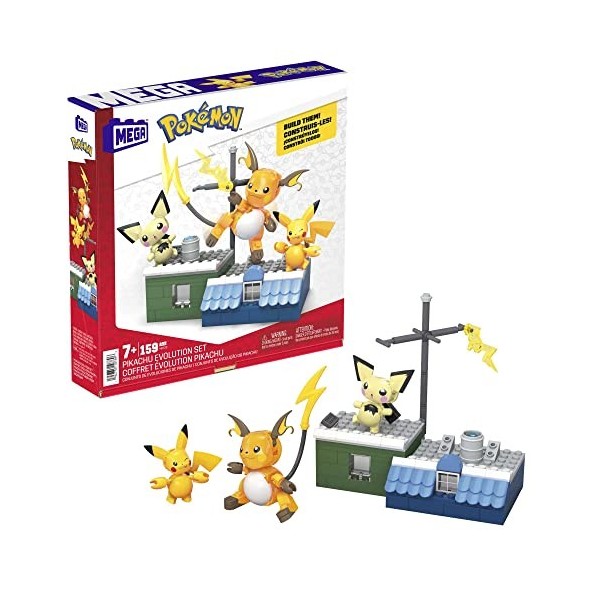 Mega Pokémon Coffret De Construction Évolution Pikachu, Avec 3 Figurines Articulées Incluant Pichu, Pikachu Et Raichu, 160 Br